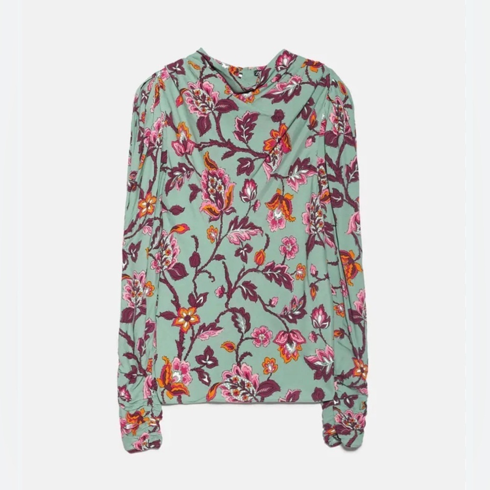 Zara Floral Long-Sleeve Blouse In Mint, Pink & Burgundy